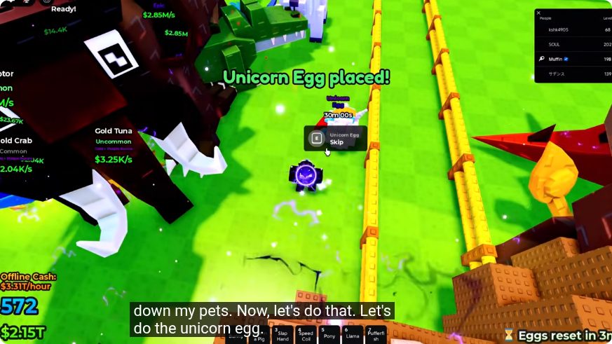 Unicorn Egg showing a 30m00s countdown immediately after placement