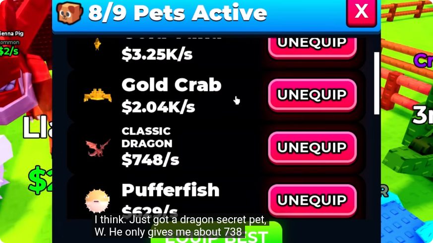 Gold Crab mutation and income shown in the Jump for Animals pet list